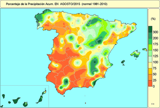 Agosto 2015: Más Cálido De Lo Normal Y Precipitaciones Habituales Porcentaje de la precipitación acumulada en agosto 2015