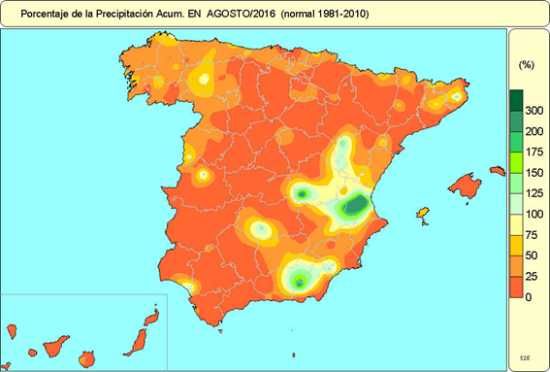 Porcentaje de la precipitación acumulada en agosto 2016 Porcentaje de la precipitación acumulada en agosto 2016