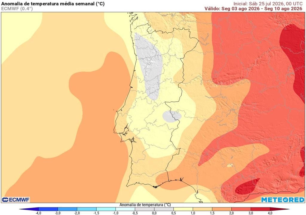 Agosto irá começar com temperaturas ligeiramente acima do normal em grande parte do país, destacando-se alguns pontos dos distritos de Lisboa e Setúbal e o Sotavento Algarvio (até 2 ºC acima do normal), embora haja zonas onde as temperaturas estarão dentro do normal.