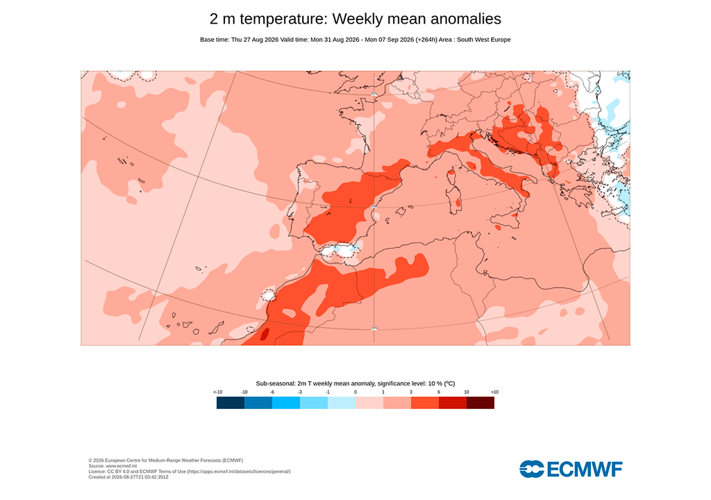 Anomalías previstas de temperatura en la primera semana de septiembre.