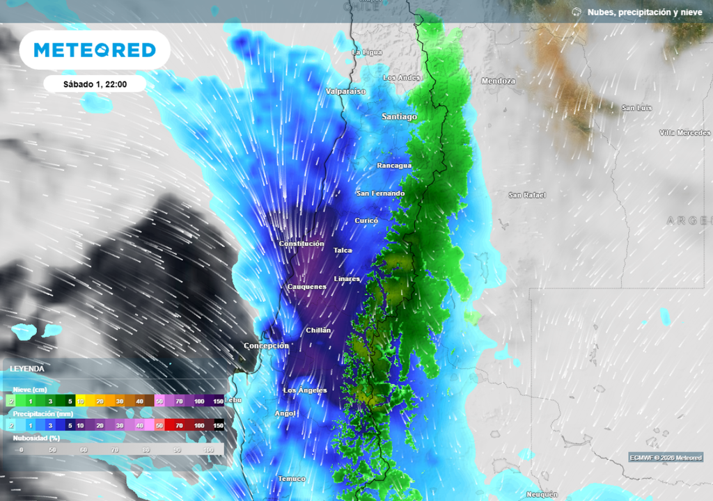 mapa de precipitaciones Este sábado avanzará la banda frontal, dejando precipitaciones más intensas en la noche en el Maule.