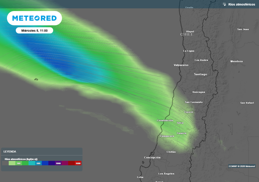 mapa de río atmosférico A pesar de no ser un sistema frontal tan potente, el miércoles llegará junto a un río atmosférico.
