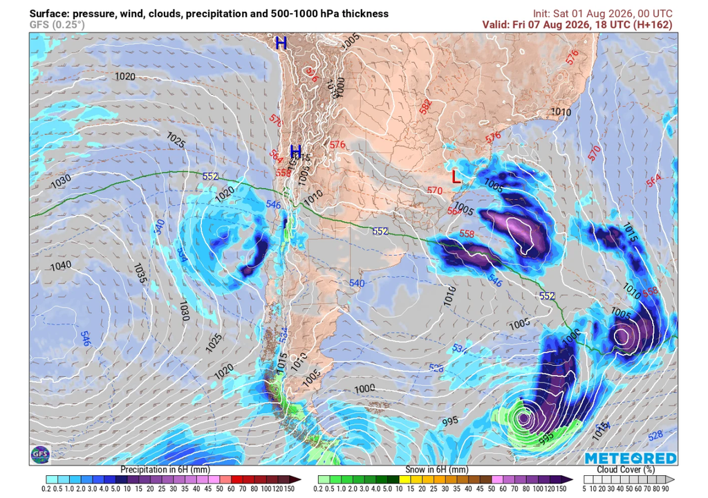 carta de superficie - modelo GFS El modelo norteamericano (GFS) prevé una condición más lluviosa para el centro que el modelo europeo (ECMWF).