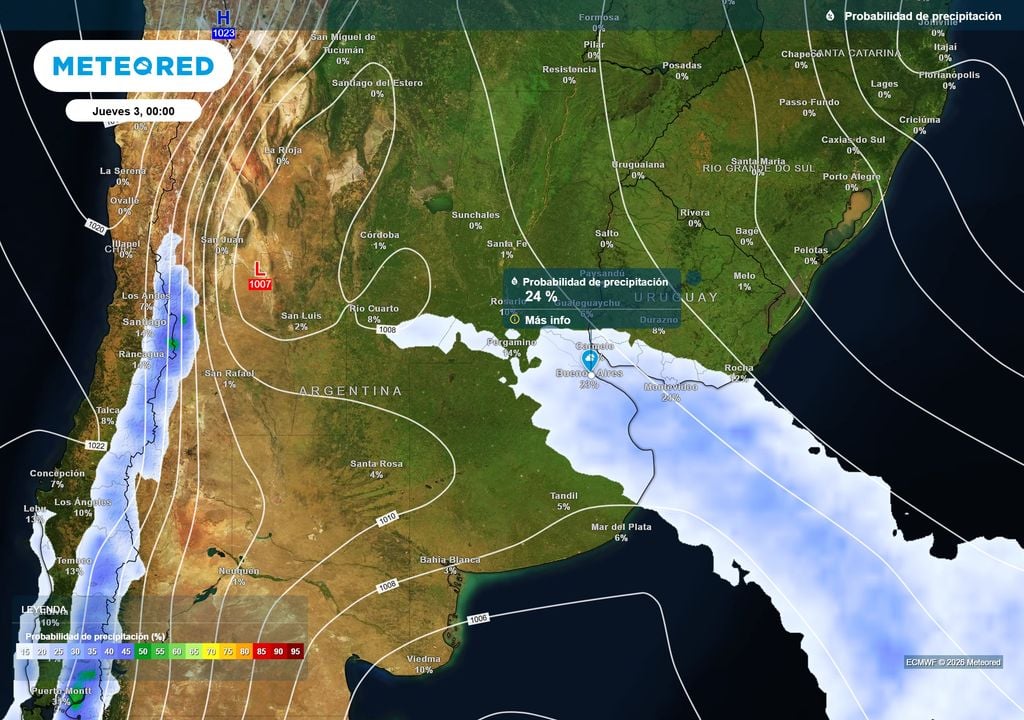 Probabilidad de precipitación Jueves 3 de Agosto a las 0:00 h. Probabilidad de precipitación en AMBA el Jueves 3 de Agosto a las 0:00 h.