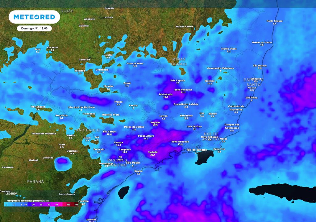 Previsão de acumulados totais de chuva no Sudeste até o final do domingo.