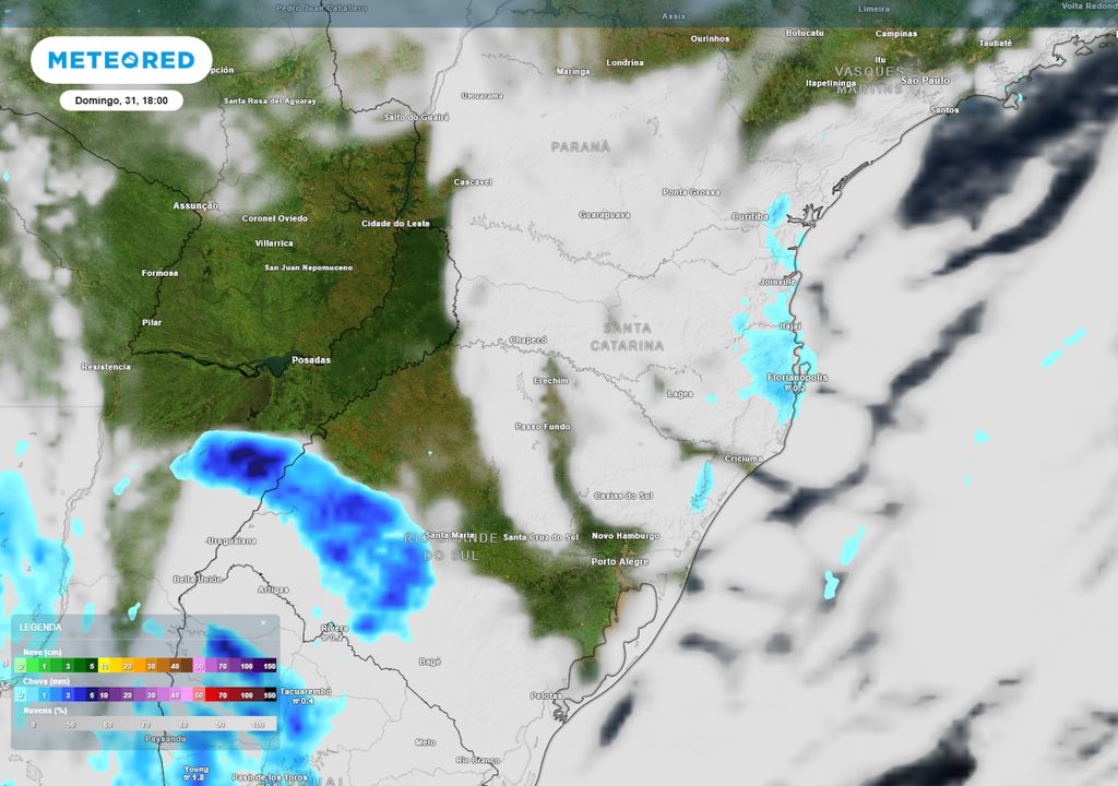 Previsão de nebulosidade e chuvas neste domingo durante a noite.