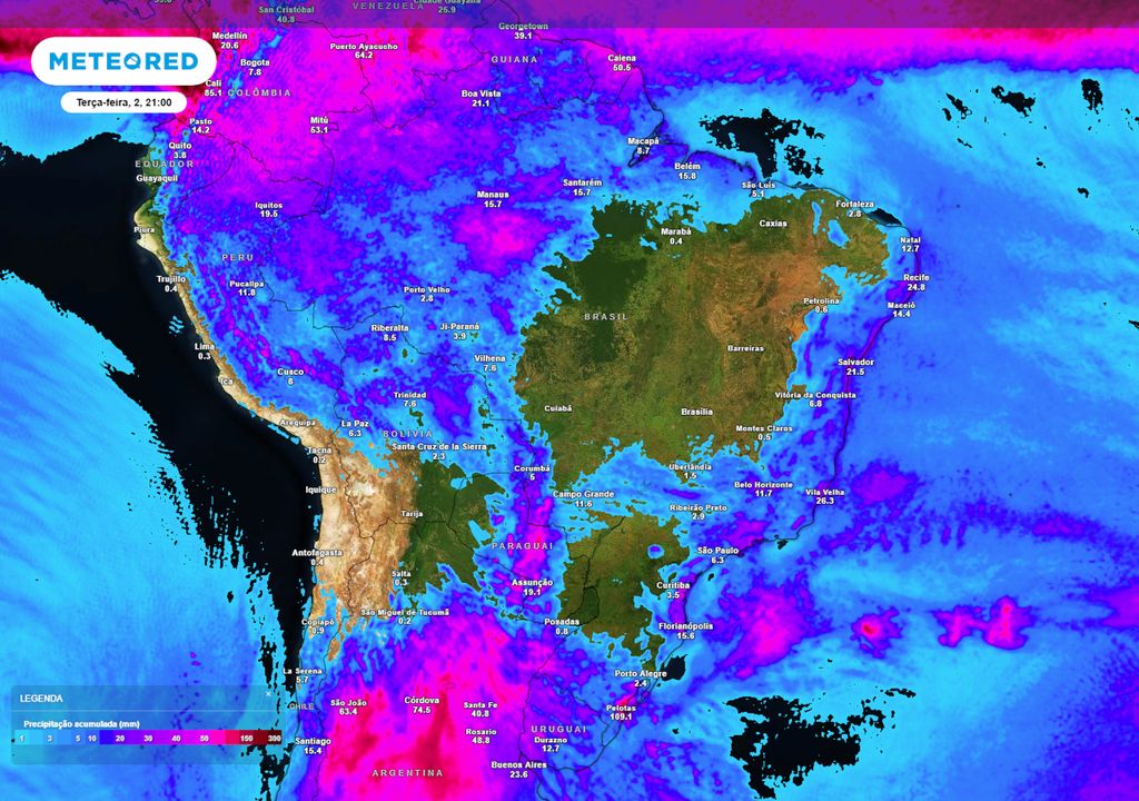 Mapa de acumulados totais de chuva no país.