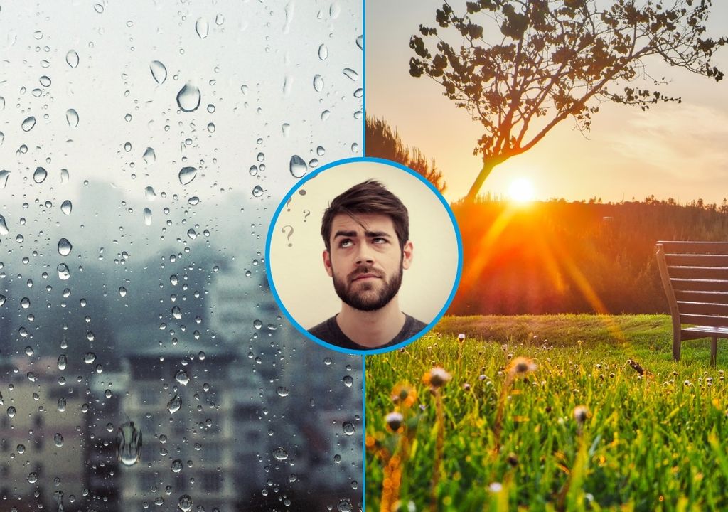 persona pensando entre dos paisajes, uno con lluvia y otro sin lluvia