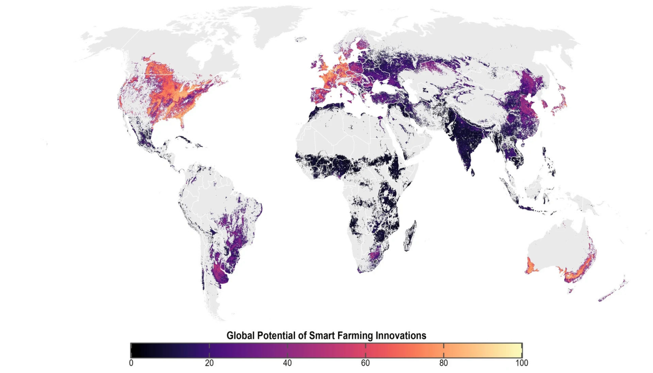 Potencial global de las innovaciones en agricultura inteligente: la agricultura inteligente ya está dando sus frutos en el 42 por ciento de las tierras de cultivo del mundo, especialmente en América del Norte, Europa Occidental, Australia y Japón. © Ilustración: Grupo de Economía Territorial / Universidad de Bonn