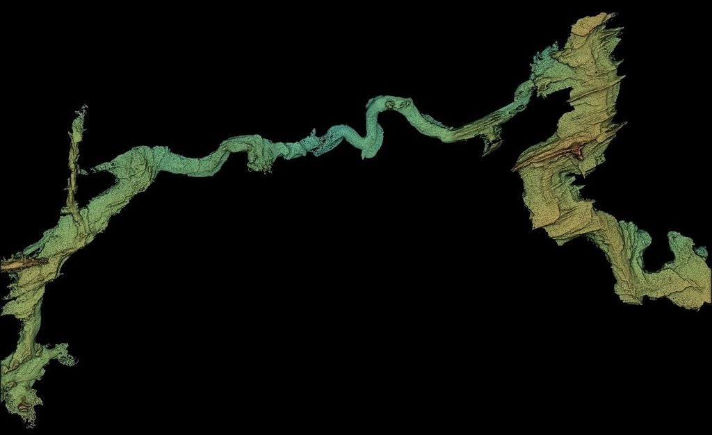 Vue en plan d’un nuage de points LiDAR obtenu dans la grotte de Markov Spodmol, Slovénie, coloré selon l’altitude | Tanguy Racine, KARST.