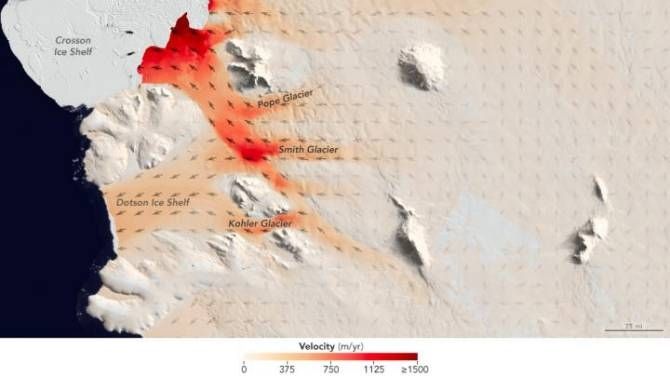 Se han registrado las tasas de retroceso en curso de glaciares más rápidas observadas hasta hoy en la Antártida Occidental. (Imagen: NASA JPL)