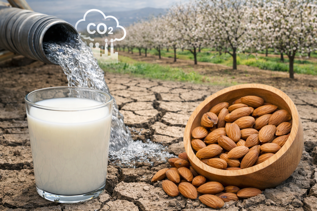 La producción de leche de almendras genera menos emisiones que la leche de vaca, pero su alto consumo de agua —especialmente en zonas áridas como California— plantea dudas sobre su verdadera sostenibilidad ambiental.