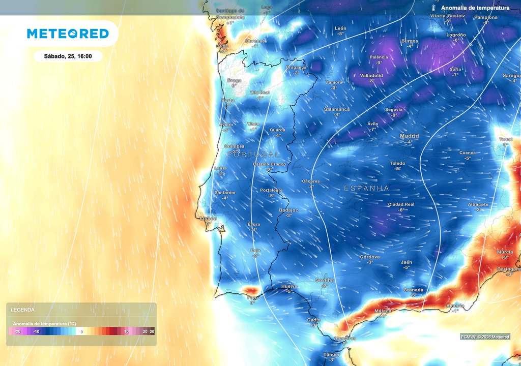 A entrada de uma massa de ar mais fresca de origem atlântica deverá manter as temperaturas abaixo do habitual em Portugal durante o sábado. As anomalias negativas serão mais expressivas no Norte e no interior, onde os valores poderão situar-se até cerca de 5 ºC abaixo da média para a época.