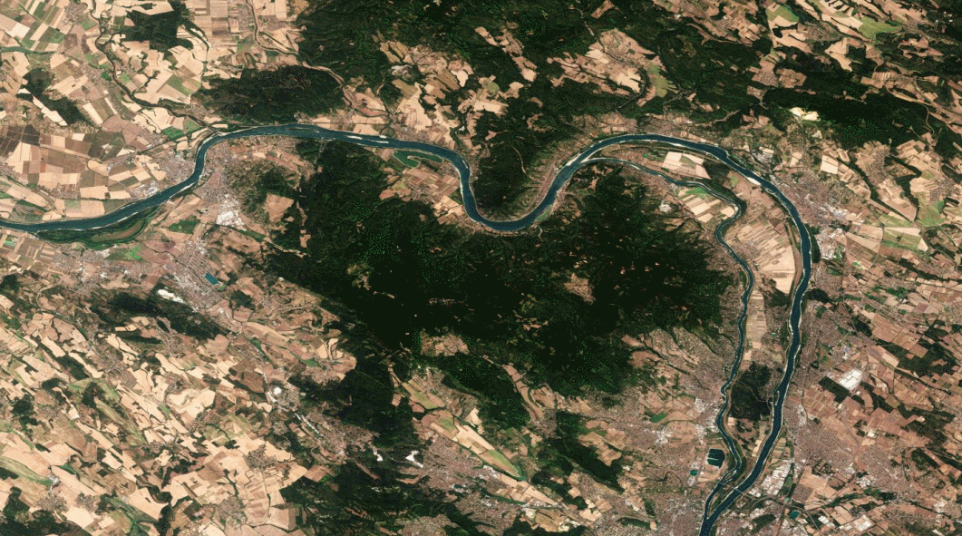 Estas imágenes del satélite Copernicus Sentinel-2 muestran un tramo del río Danubio a unos 45 km al norte de la capital húngara, Budapest. Arriba, el 4 de agosto de 2026 con niveles muy bajos de agua y abajo comparativa con otra fecha, 9 de agosto de 2025 con mucha más agua. Ver texto para detalles. Crédito de la imagen que contiene datos modificados de Copernicus Sentinel (2025/26), procesados por la ESA. LICENCIA CC BY-SA 3.0 IGO o Licencia Estándar de la ESA.