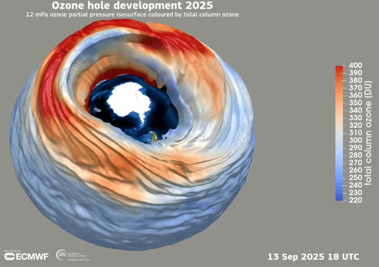 Representación 3D de la evolución del agujero de ozono el 13 de septiembre de 2025. Crédito: CAMS / ECMWF