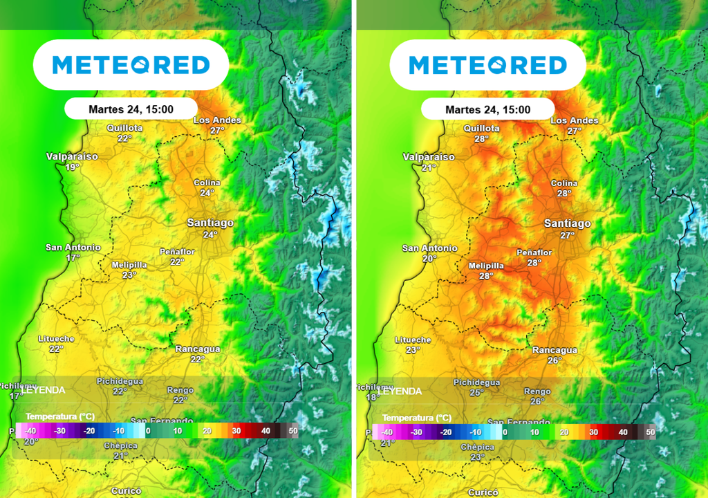 Este martes (24) el modelo europeo proyecta hasta 24 °C en Santiago centro, mientras el modelo GFS indica temperaturas algo más cálidas.
