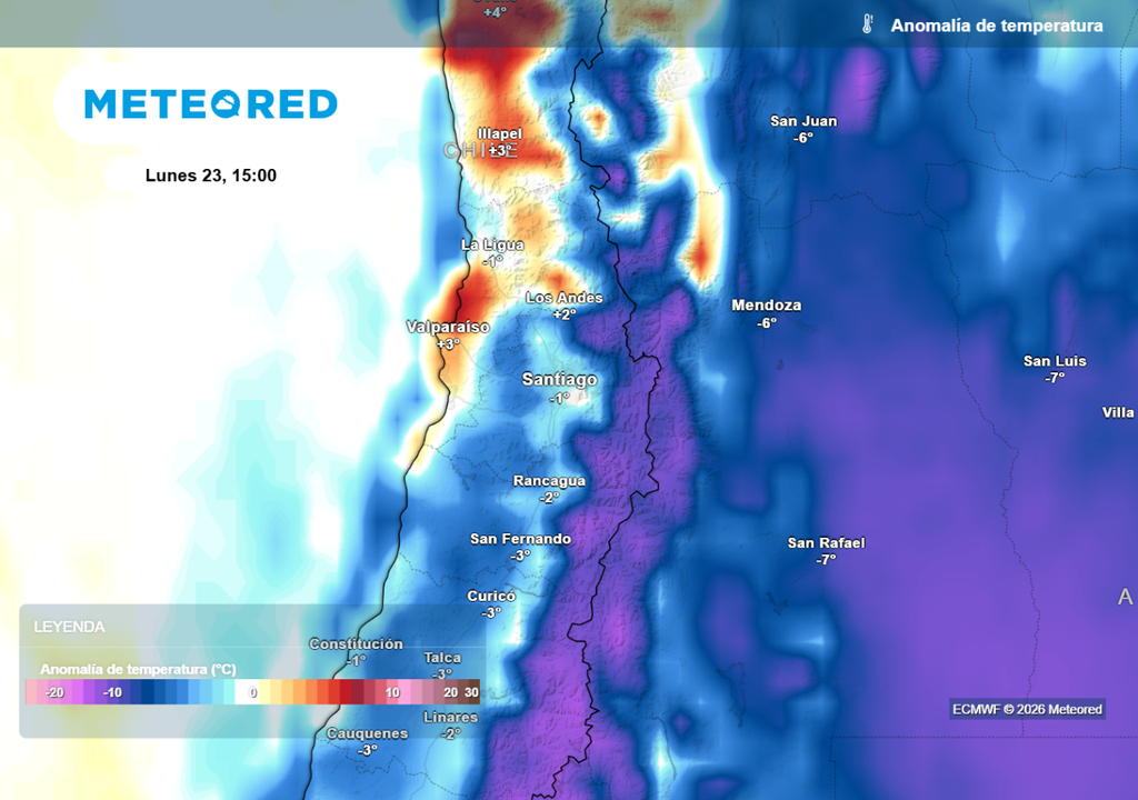 Modelo ECMWF prevé temperaturas máximas bajo el promedio histórico este lunes en gran parte del centro del país.