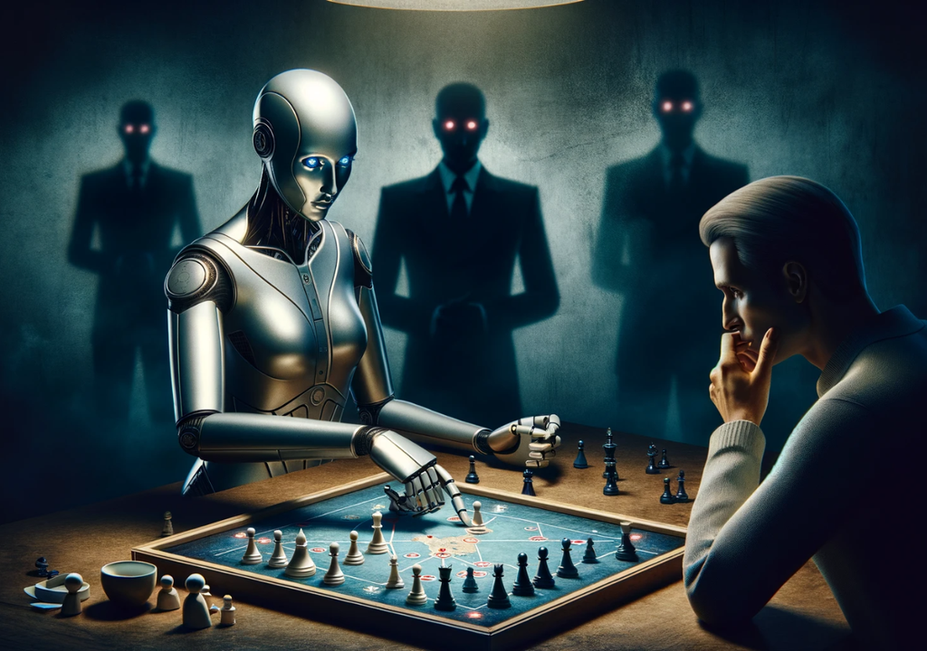 representación artística y ficticia de un robot mostrando un plan estratégico a un humano