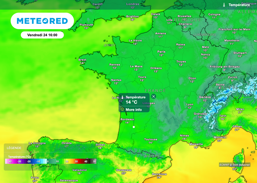 Pas plus de 14/15 degrés dans le sud-ouest de la France vendredi après-midi.