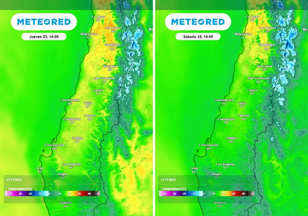 Comparación de temperaturas a las 14 horas muestra un descenso generalizado hacia el sábado, reflejando el ingreso de aire más frío en la zona central.