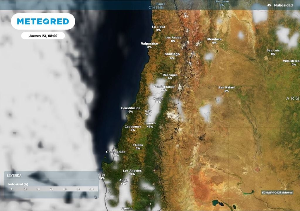 Nubosidad matinal se concentra en sectores interiores como Linares, Talca, Curicó y San Fernando, mientras el resto de la zona central amanece con cielos despejados.