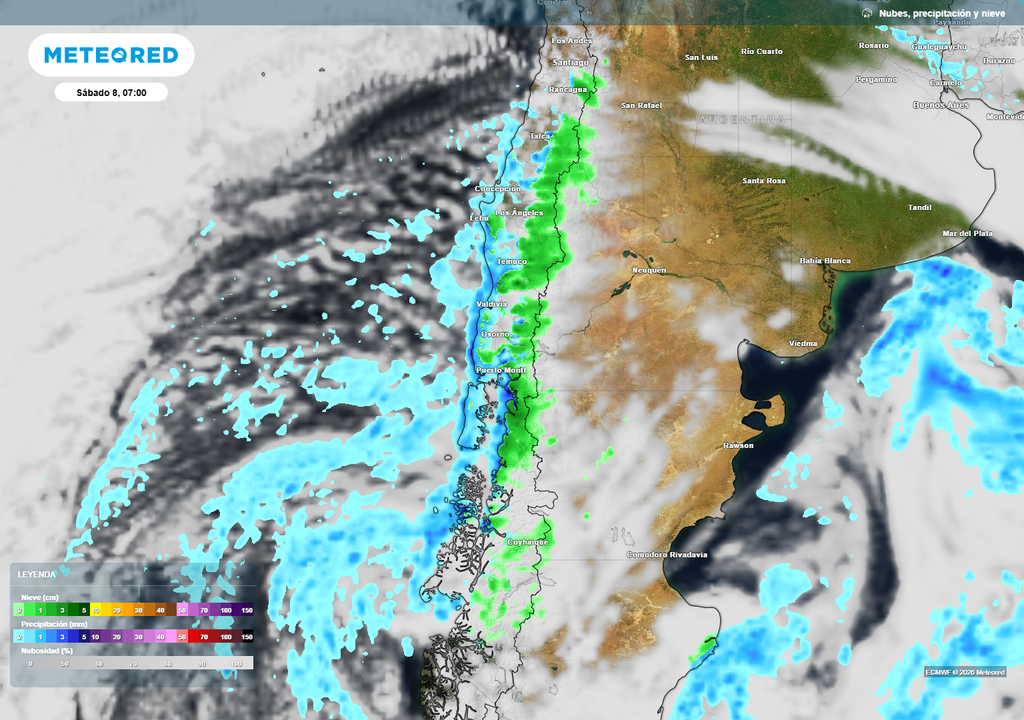 En verde se destacan diversos sectores que recibirán precipitaciones sólidas en la madrugada —y parte de la mañana— del sábado.