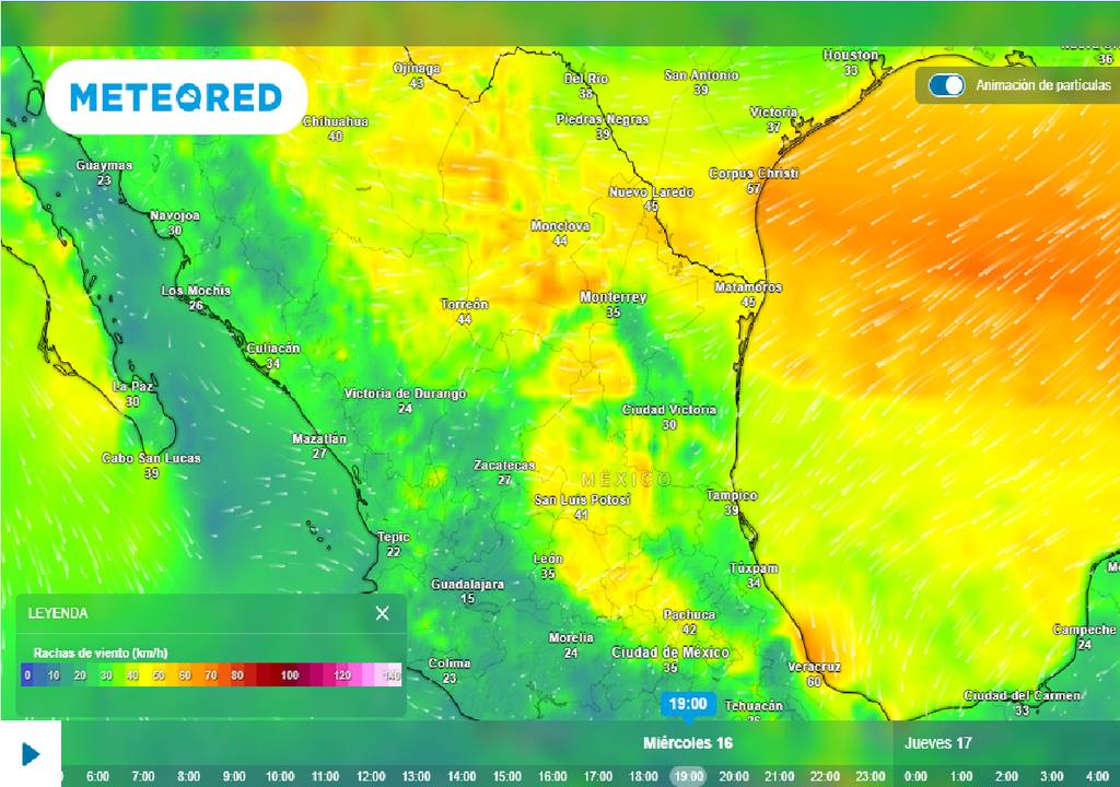 Pronóstico de ráfagas de viento en km/h