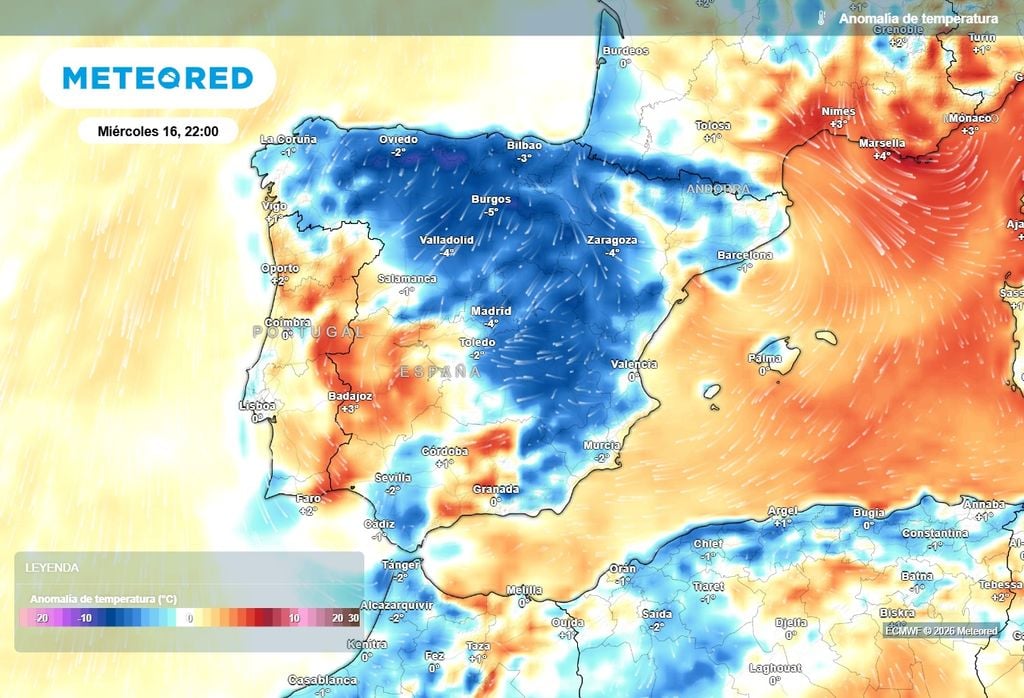 La llegada de una masa de aire polar va a provocar un descenso general de las temperaturas en la Península y Baleares, que será acusado en el norte peninsular.