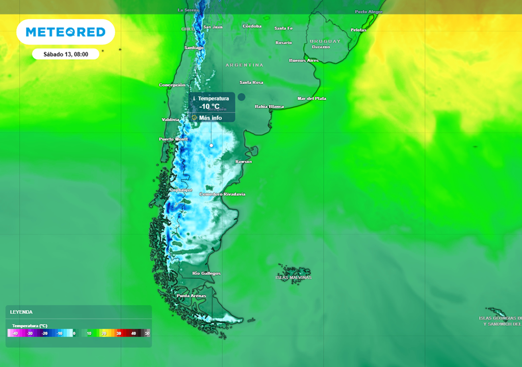 El frente frío recorre la Patagonia, dejando una mañana de sábado absolutamente heladas con hasta -10 °C en algunos puntos de la meseta patagónica El frente frío recorre la Patagonia, dejando una mañana de sábado absolutamente heladas con hasta -10 °C en algunos puntos de la meseta patagónica. Modelo: ECMWF.
