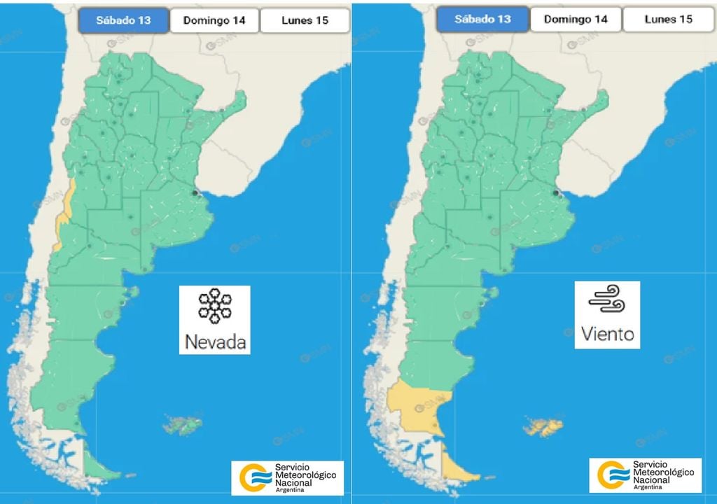 alerta por nevadas y rafagas Alertas por nevadas a la izquierda, y por ráfagas a la derecha. Mapa para el sábado 13. Fuente: SMN