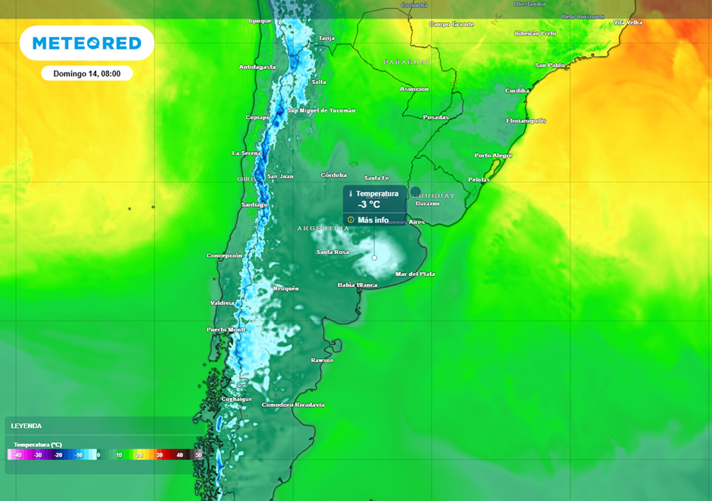 heladas en la región pampeana Domingo con heladas matinales, temperaturas gélidas en la Región Pampeana, con mínimas por debajo de 0 °C en La Pampa y el corazón bonaerense. Mapa: ECMWF.