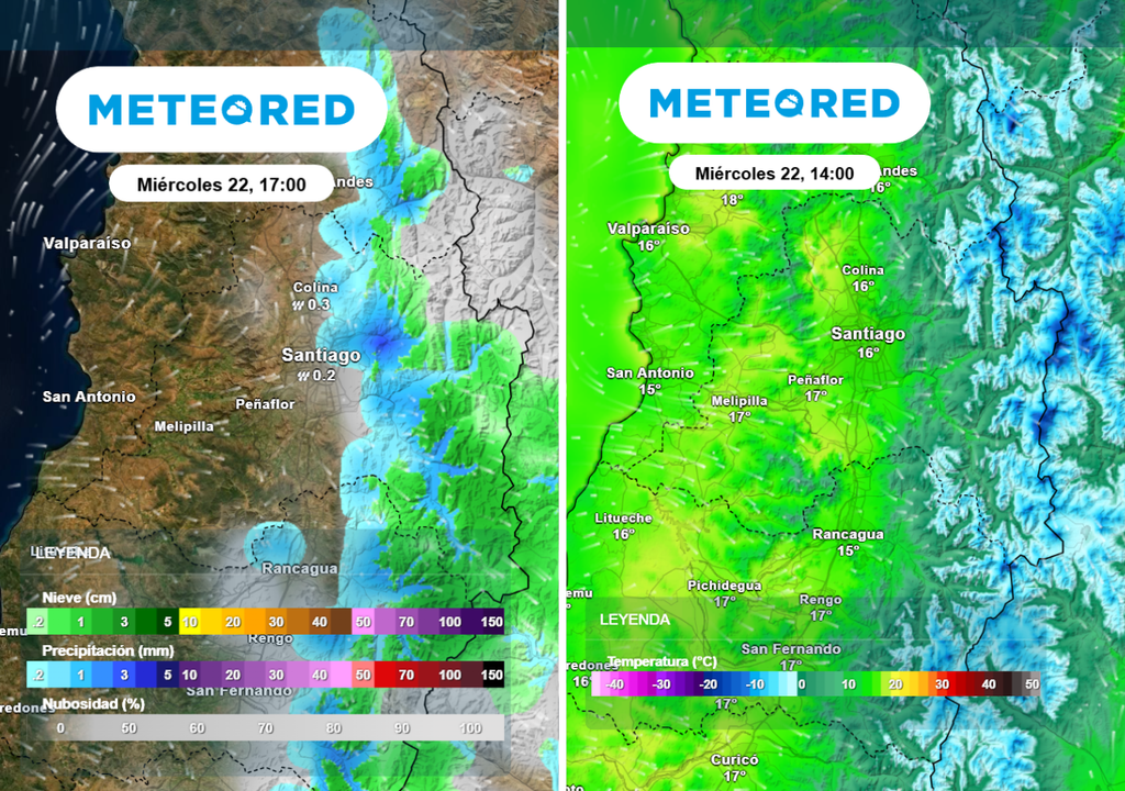 Miércoles 22: modelo ECMWF prevé chubascos en la Región Metropolitana y temperaturas máximas que bajarán otra vez.