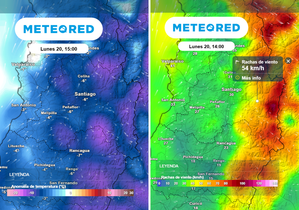 Mapas de anomalías de temperatura del ECMWF muestra valores bajo los promedios esperados en la RM, mientras fuertes rachas de viento alcanzarían la cordillera el lunes.