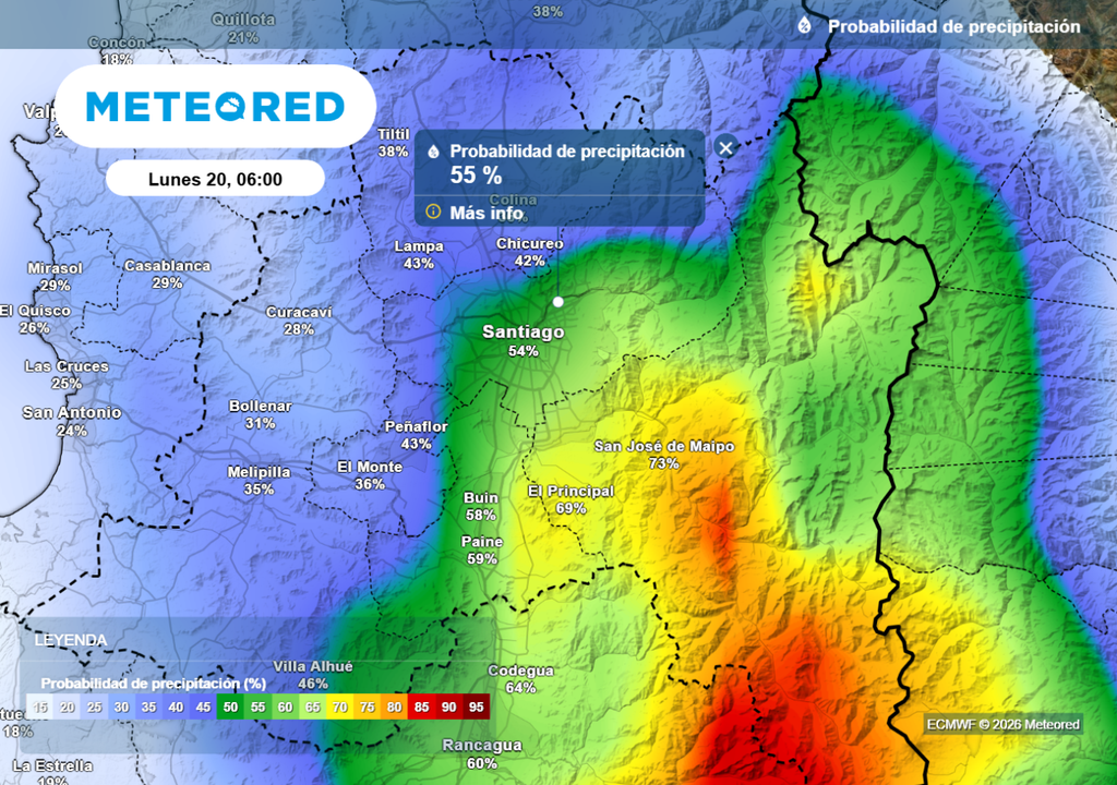 ECMWF: sobre el 50% la probabilidad de lluvias en Santiago y sobre el 70 % en San José de Maipo.