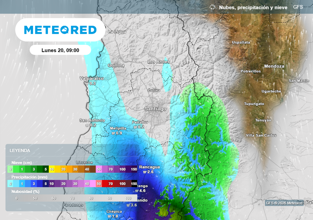 ¿Escote del Diablo? Modelo GFS muestra baja probabilidad de lluvias en el centro de Santiago, se concentrarían al suroeste y en la cordillera de la RM