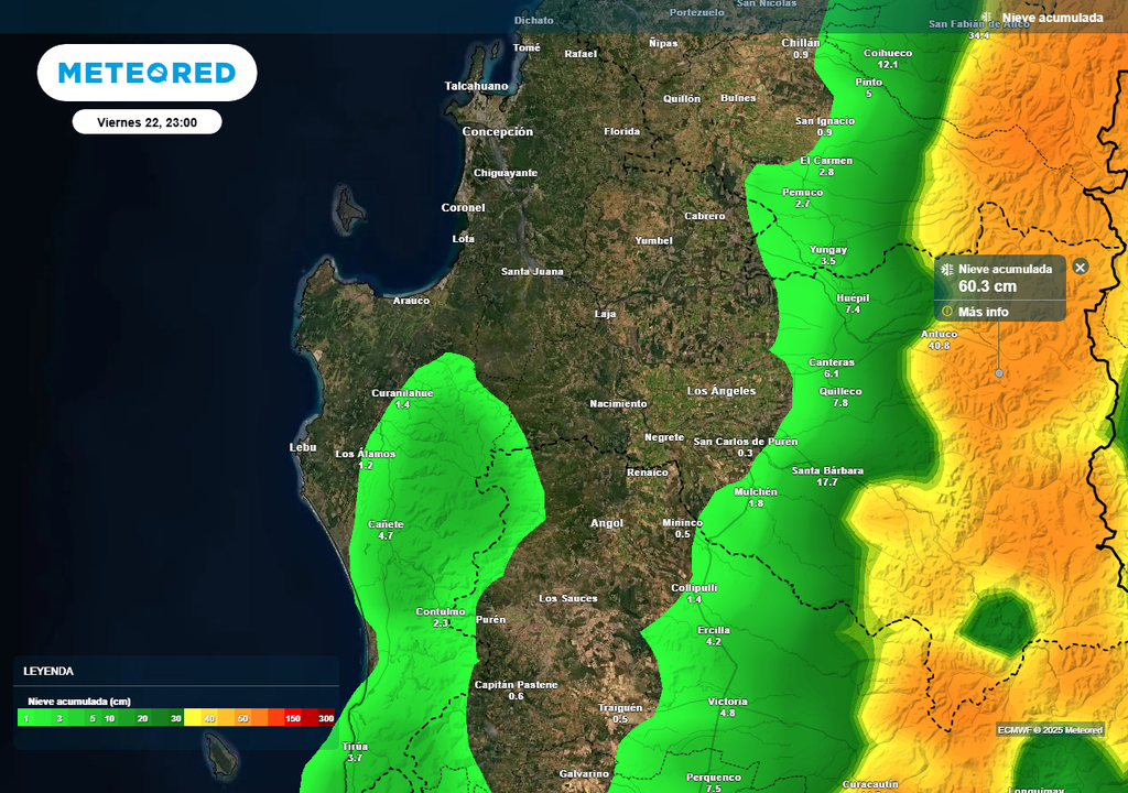 Nieve en la Región de Biobío, Meteored, Chile