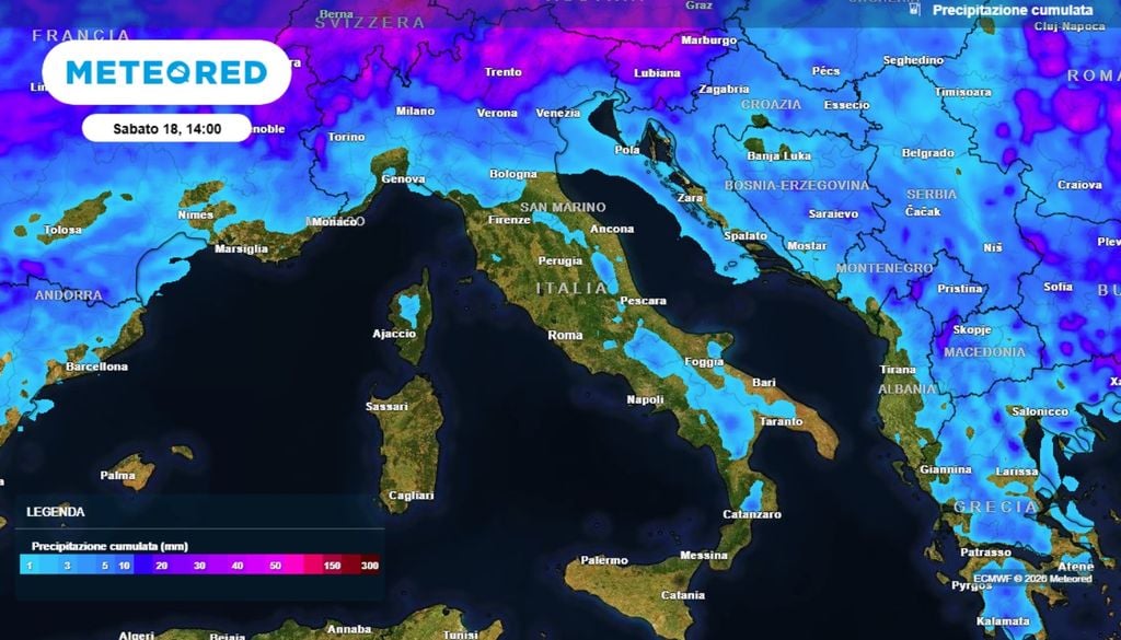 Mappa el cumulato totale fissata alle 14 di sabato. Evidenti gli effetti dell'instabilità al Nord. Molto minori gli eventuali accumuli sul resto della penisola. ECMWF Meteored e