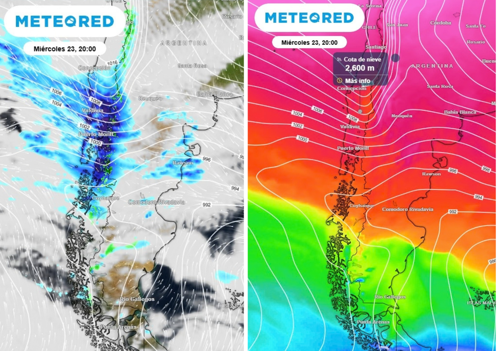 Sistema frontal con lluvias y cotas de nieve entre 2300 y 2800 metros avanzará sobre el sur de Chile.