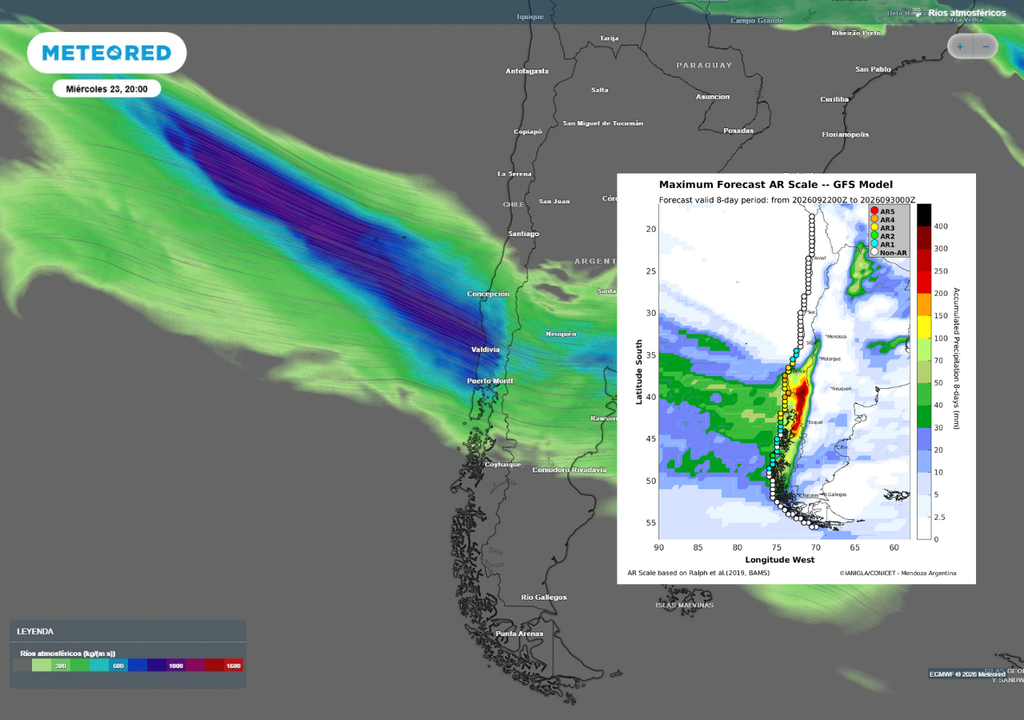 Un río atmosférico de alta intensidad apunta hacia el centro-sur de Chile. La imagen combina la proyección de Meteored con la escala de Ralph et al. (2019), mostrando un corredor de abundante humedad y potenciales acumulados importantes entre Maule y Los Lagos.