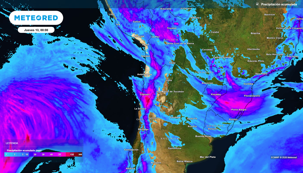 Precipitaciones acumuladas previstas el martes y miércoles, con los mayores montos concentrados en el norte de Chile, especialmente sobre Atacama y sectores cordilleranos.