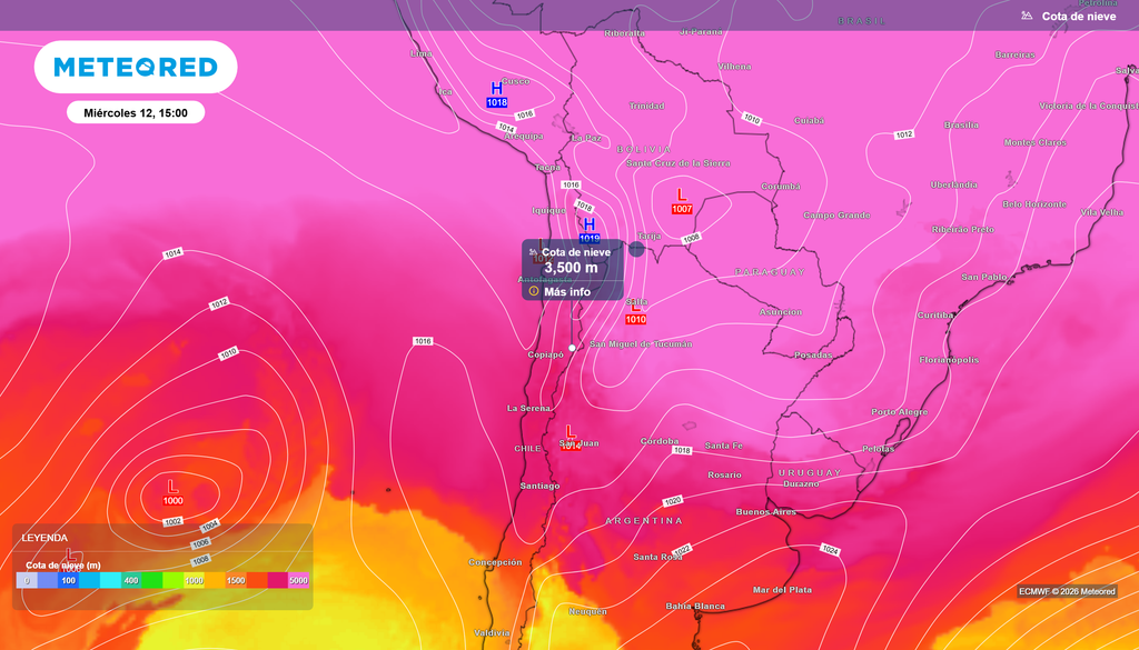 La isoterma cero se mantendrá muy elevada durante el evento: el miércoles 12 rondaría los 3.500 metros en Atacama, aumentando la superficie cordillerana expuesta a precipitaciones líquidas.