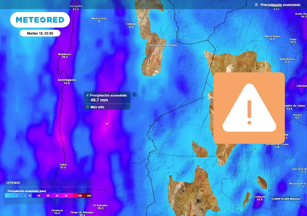 Las lluvias podrían generar la activación de quebradas e inundaciones repentinas en la Región de Antofagasta.