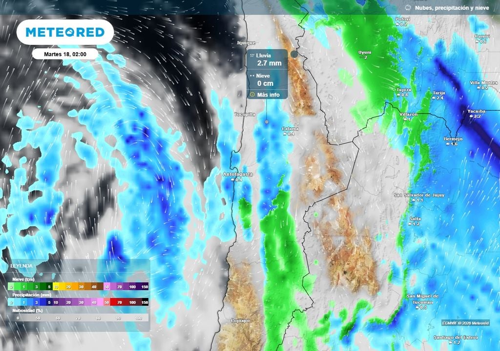 Precipitación (mm) para la madrugada del martes (18) en la Región de Antofagasta.