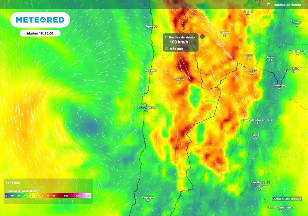Rachas de viento (km/h) para la tarde del martes (18) en la Región de Antofagasta.