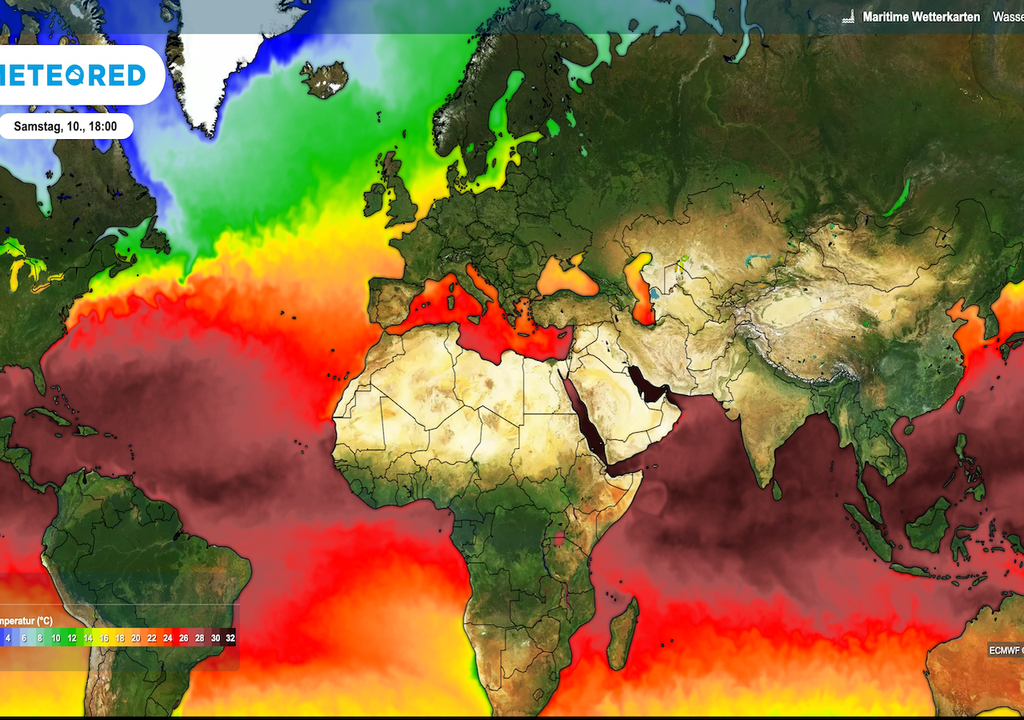30 Grad und mehr Wärmespeicher, 10. Oktober, Wassertemperaturen, Atlantik, Indischen Ozean, WMO, El Niño 30 Grad und mehr – gewaltige Wärmespeicher in den tropischen Meeren! Die Meteored-Karte für den 10. Oktober zeigt hohe Wassertemperaturen im Atlantik und Indischen Ozean. Zugleich warnt die WMO: Der stärker werdende El Niño erhöht weltweit die Gefahr extremer Hitze, schwerer Dürren und gefährlicher Fluten.