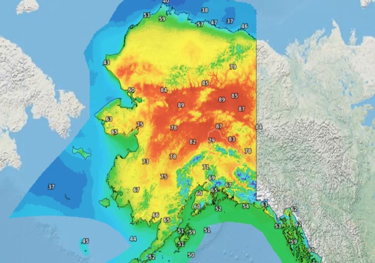 Il Servizio Meteorologico Nazionale (NWS) ha emesso un avviso meteo per alte temperature per l'Alaska. Questa mappa, pubblicata dal NOAA, mostra le temperature registrate. Gli 89 °F indicati corrispondono a 32 °C, una temperatura estremamente elevata per la regione. Immagine: NOAA