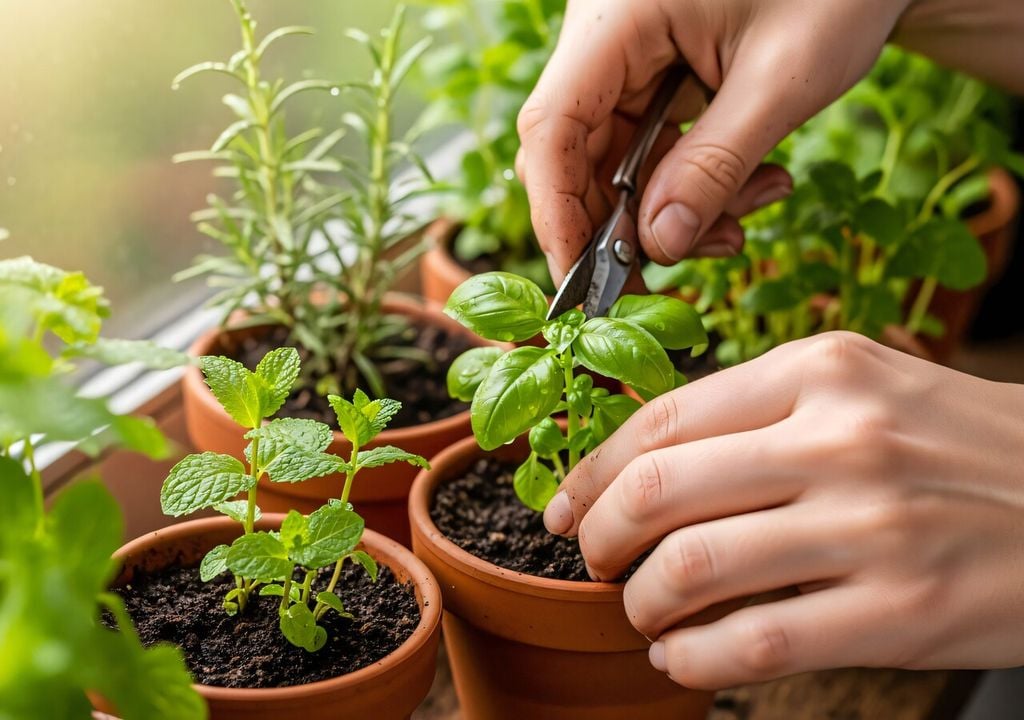 pinzado Cortar las puntas evita que la albahaca crezca débil y con pocos brotes laterales.