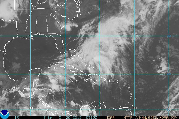 Imagen IR del GOES Este Imagen IR del GOES Este, mostrando a "Alberto" el 20 de mayo de 2012 a las 07:15 UTC, en la costa este americana. Fuente: NOAA