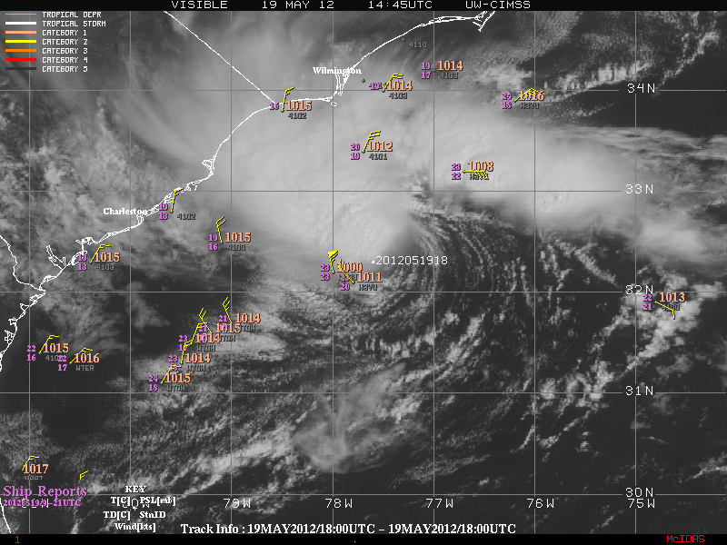 Animación de Alberto para el día 19 de mayo según GOES Animación de "Alberto" para el día 19 de mayo según GOES en el canal visible, junto con datos de superficie de viento, temperatura, presión en superficie y humedad. Fuente: CIMSS Blog