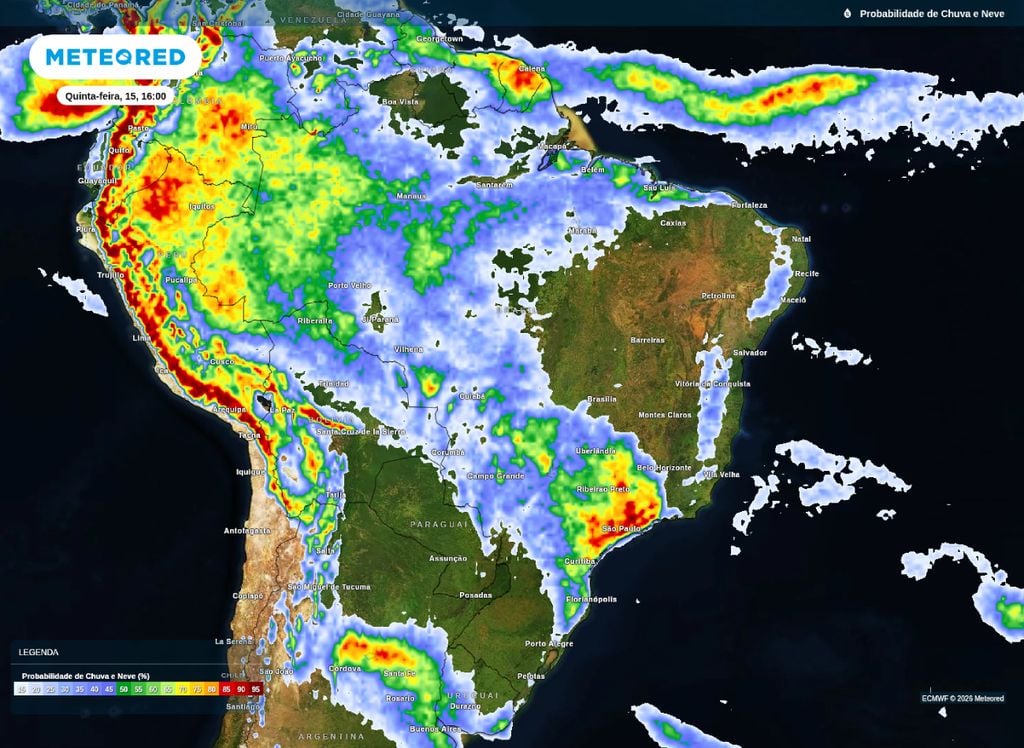 Probabilidade de precipitação para a tarde desta quinta-feira (15).